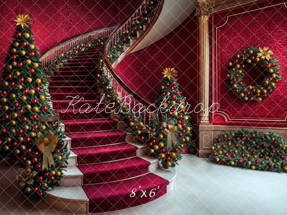 Kate Weihnachten Treppe Weihnachtsbaum Rot Hintergrund Entworfen von Mini MakeBelieve - Kate Backdrop.de