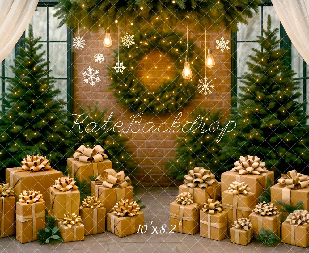 Kate Weihnachten Geschenke Tannen Lichter Warm Hintergrund Entworfen von Mini MakeBelieve - Kate Backdrop.de