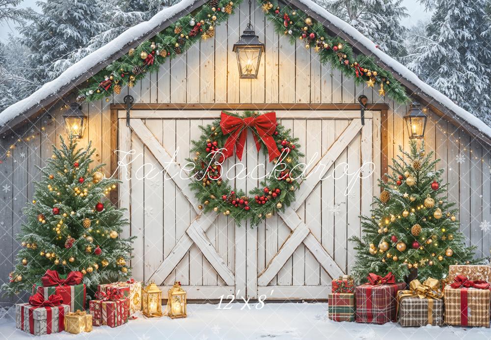 Kate Weihnachten Scheune Kranz Schnee Fleece Hintergrund Entworfen von Emetselch - Kate Backdrop.de