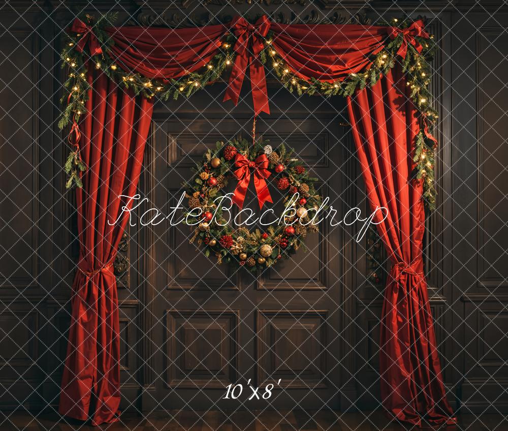Kate Weihnachten Tür Kranz Rote Vorhänge Fleece Hintergrund Entworfen von Emetselch - Kate Backdrop.de