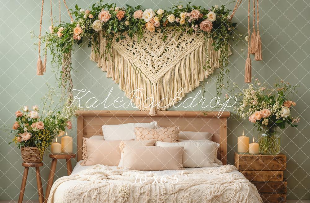 Kate Boho Schlafzimmer Makramee Blumen Creme Hintergrund Entworfen von Emetselch - Kate Backdrop.de