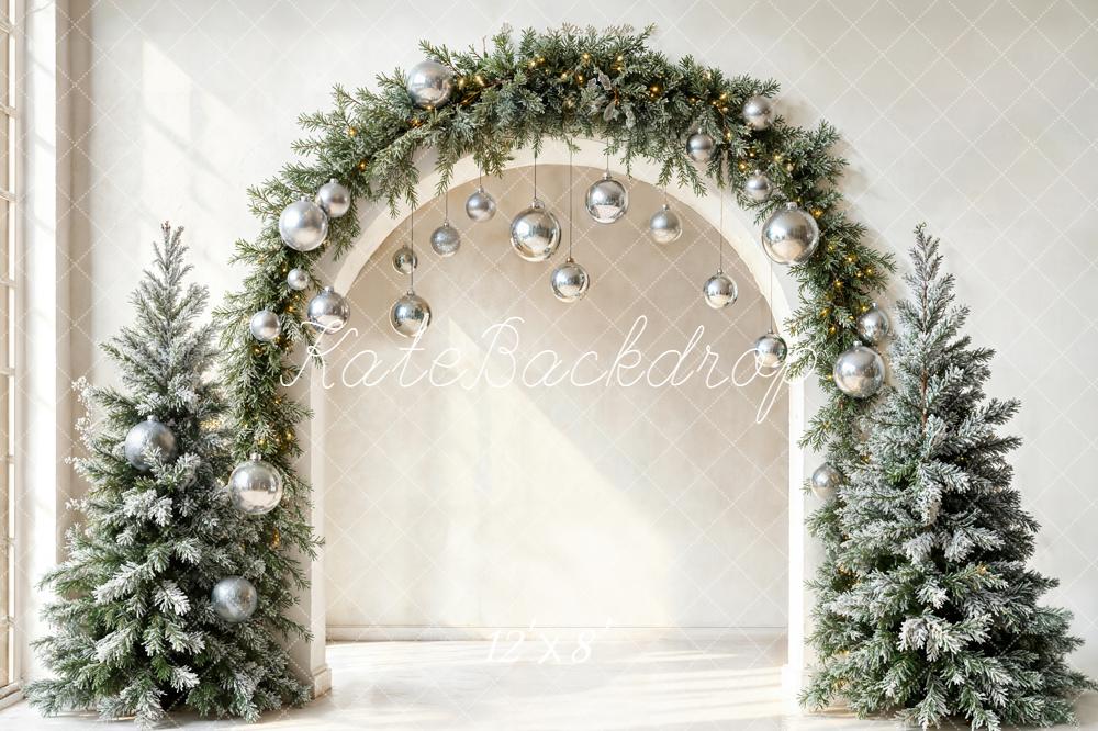 ⚡Blitzangebote #1-Kate Weihnachten Tannen Bogen Silberkugeln Fleece Hintergrund Entworfen von Emetselch - Kate Backdrop.de