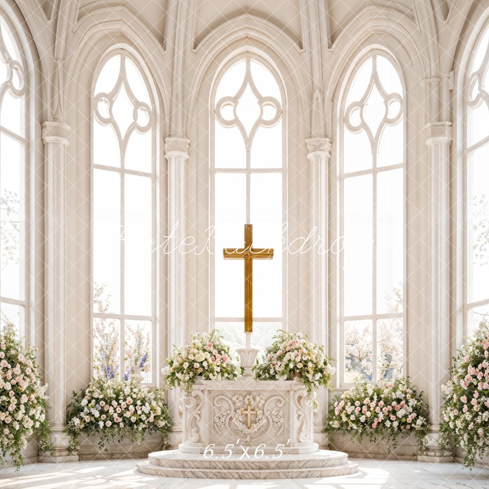 Kate Hochzeit Kirche Kreuz Blumen Elegant Hintergrund Entworfen von Emetselch - Kate Backdrop.de