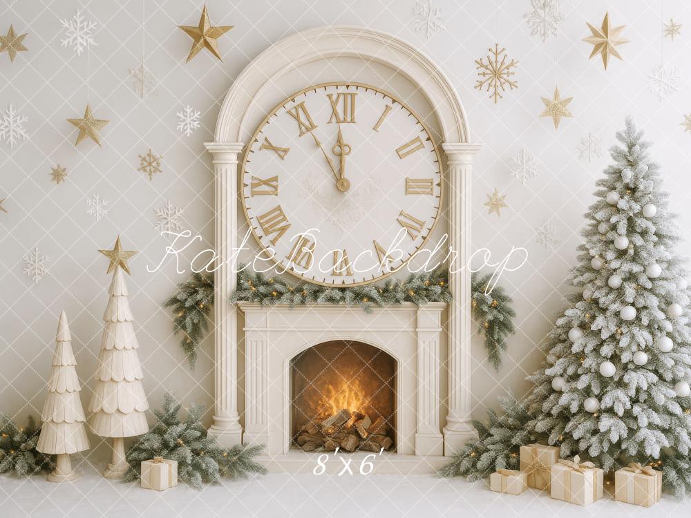 Kate Weihnachten Kamin Uhr Tannenbaum Gold Hintergrund Entworfen von Patty Roberts - Kate Backdrop.de