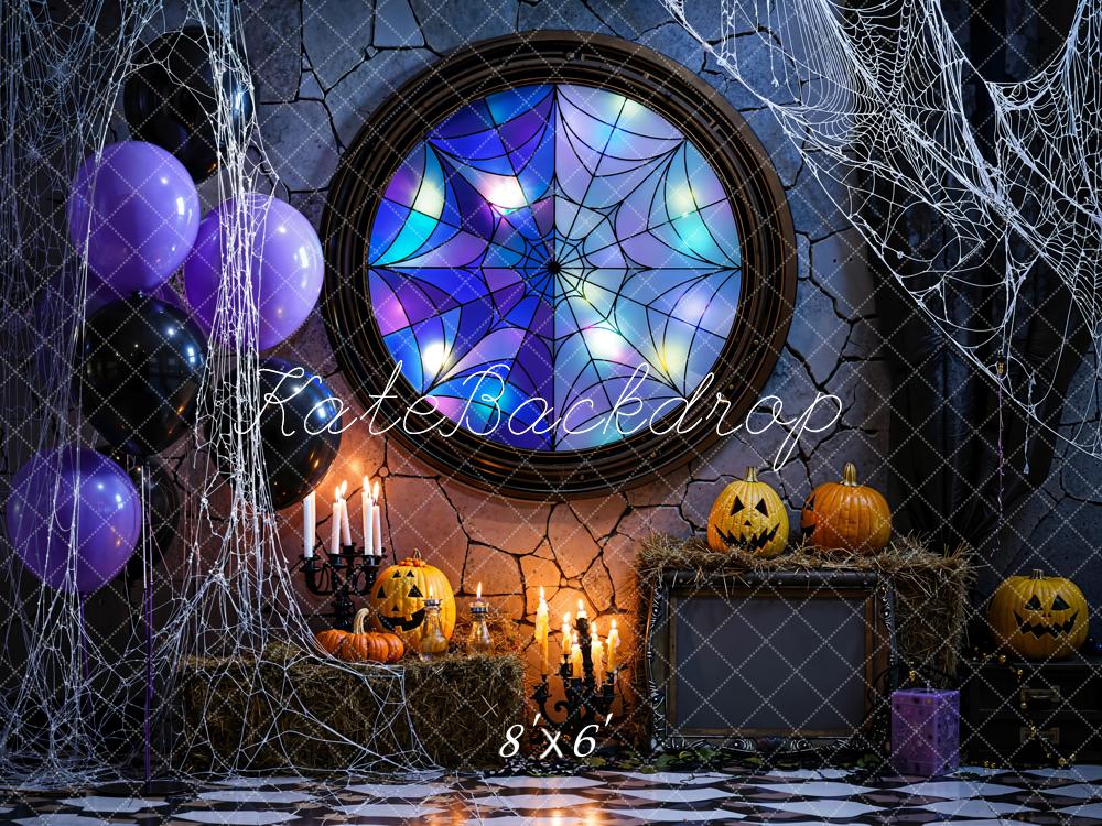 Kate Halloween Kürbis Spinnennetz Buntglas Fleece Hintergrund Entworfen von Emetselch