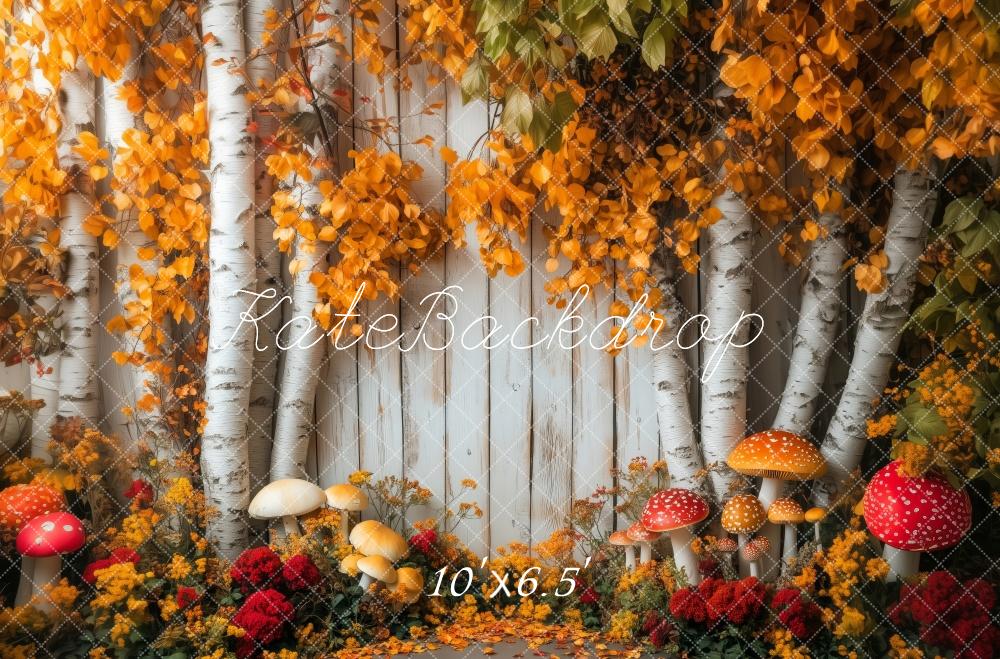 Kate Herbst Birkenstämme Pilze Orange Hintergrund Entworfen von Patty Roberts - Kate Backdrop.de