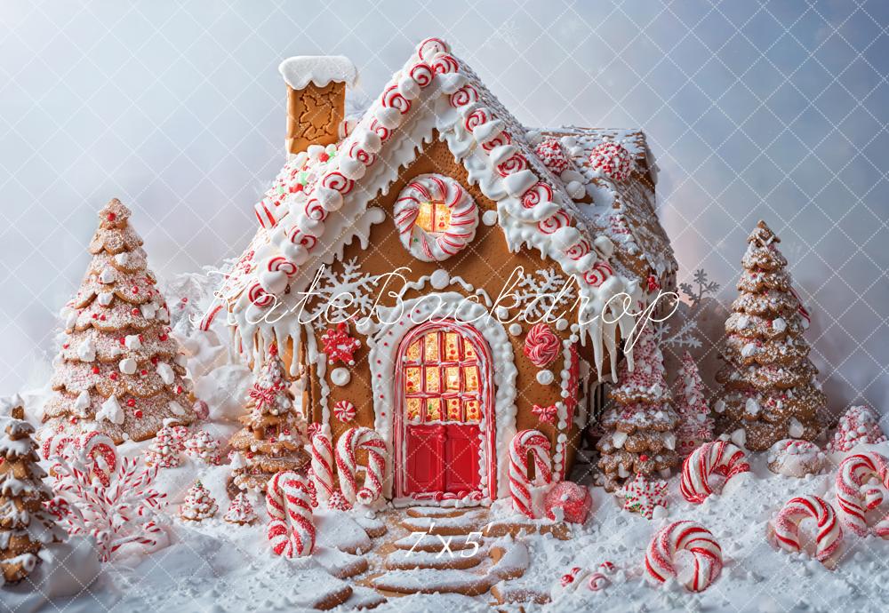 Kate Weihnachten Lebkuchenhaus Zuckerstangen Schnee Hintergrund Entworfen von Chain - Kate Backdrop.de