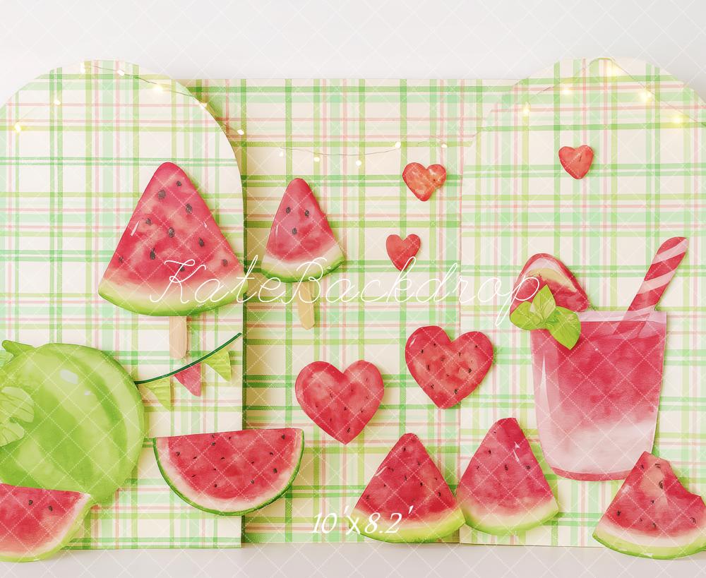 Kate Sommer Wassermelone Getränk Karo Hintergrund Entworfen von Patty Roberts - Kate Backdrop.de