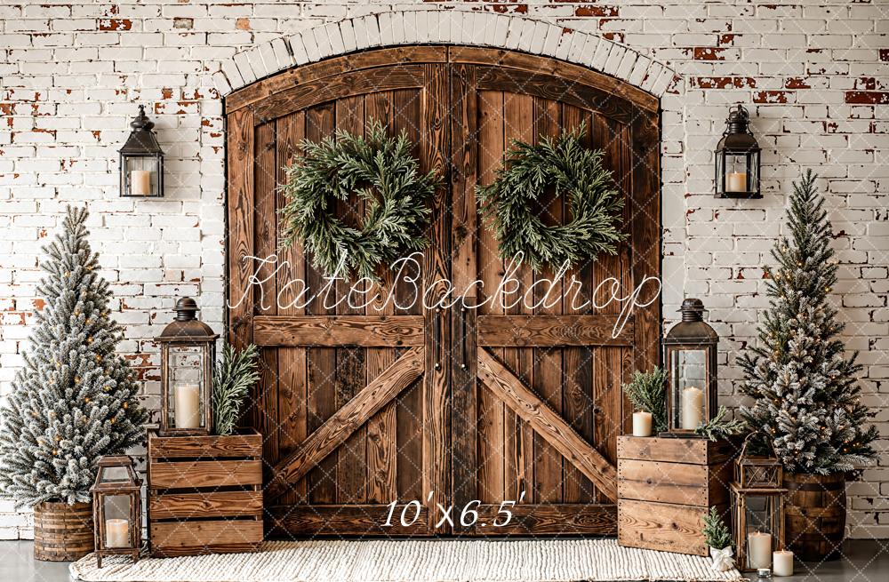 Kate Weihnachten Holz Tür Kränze Rustikal Hintergrund Entworfen von Emetselch - Kate Backdrop.de