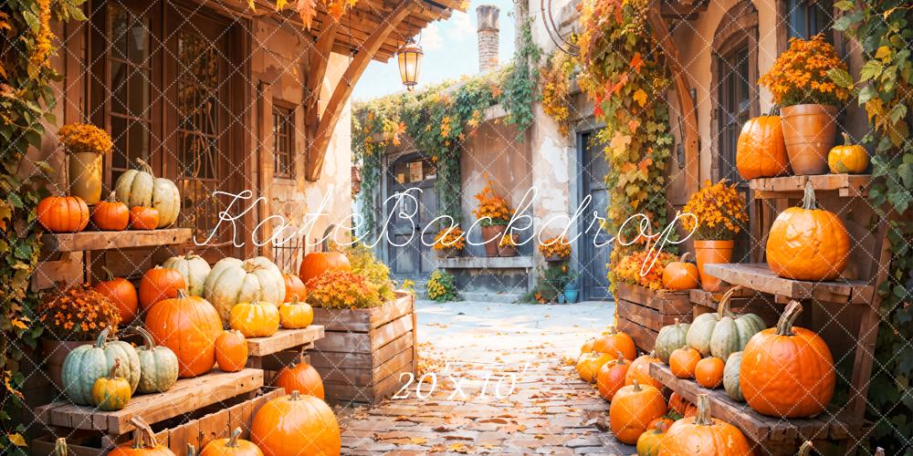 Kate Herbst Kürbisse Kopfsteinpflaster Dorf Hintergrund Entworfen von Emetselch - Kate Backdrop.de