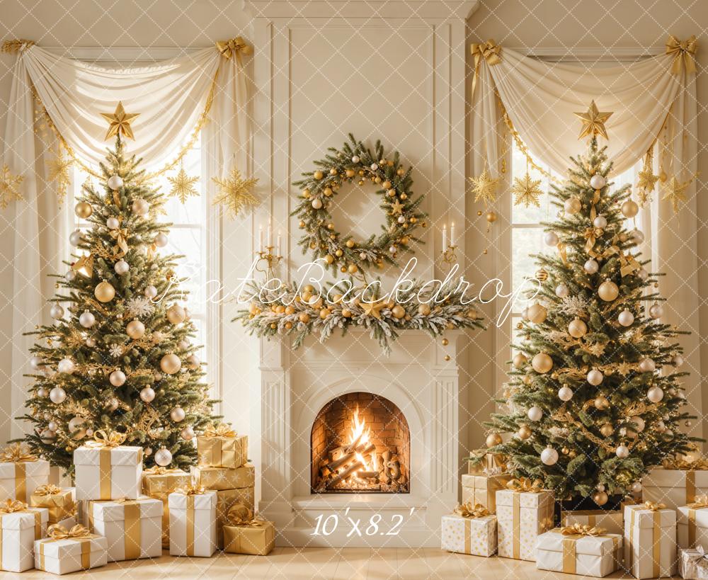 Kate Weihnachten Kamin Weihnachtsbäume Gold Hintergrund Entworfen von Emetselch - Kate Backdrop.de