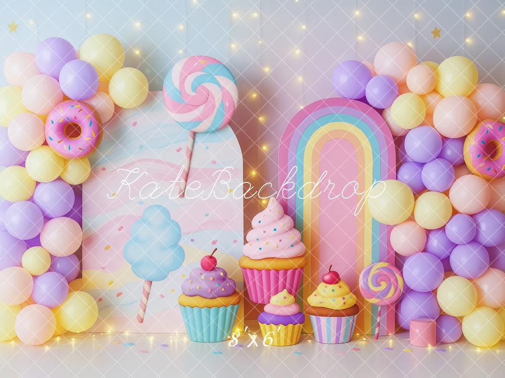 Kate Geburtstag Luftballons Donuts Cupcakes Pastell Hintergrund Entworfen von Patty Roberts - Kate Backdrop.de