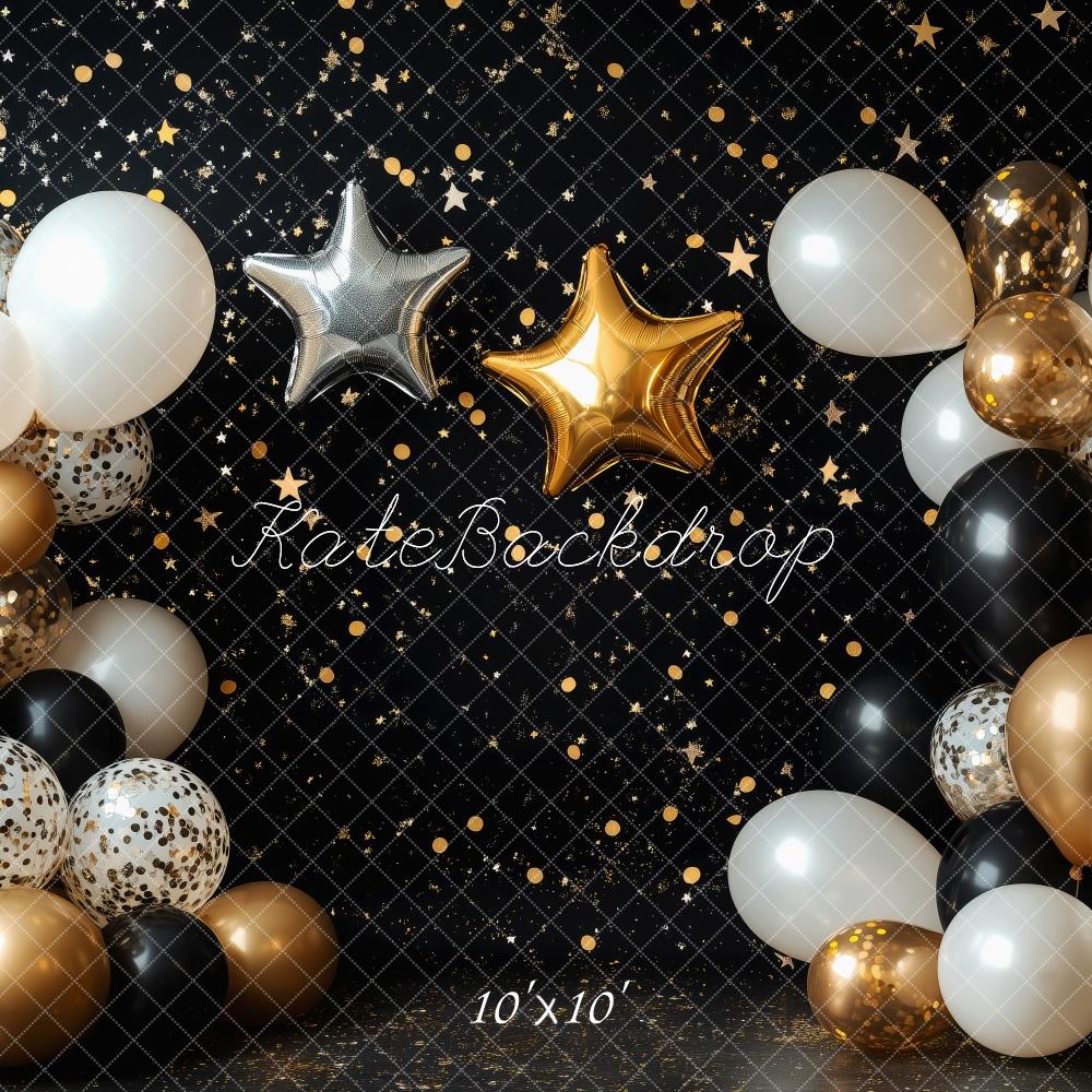 Kate Geburtstag Ballons Sterne Schwarz Gold Hintergrund Entworfen von Patty Roberts - Kate Backdrop.de