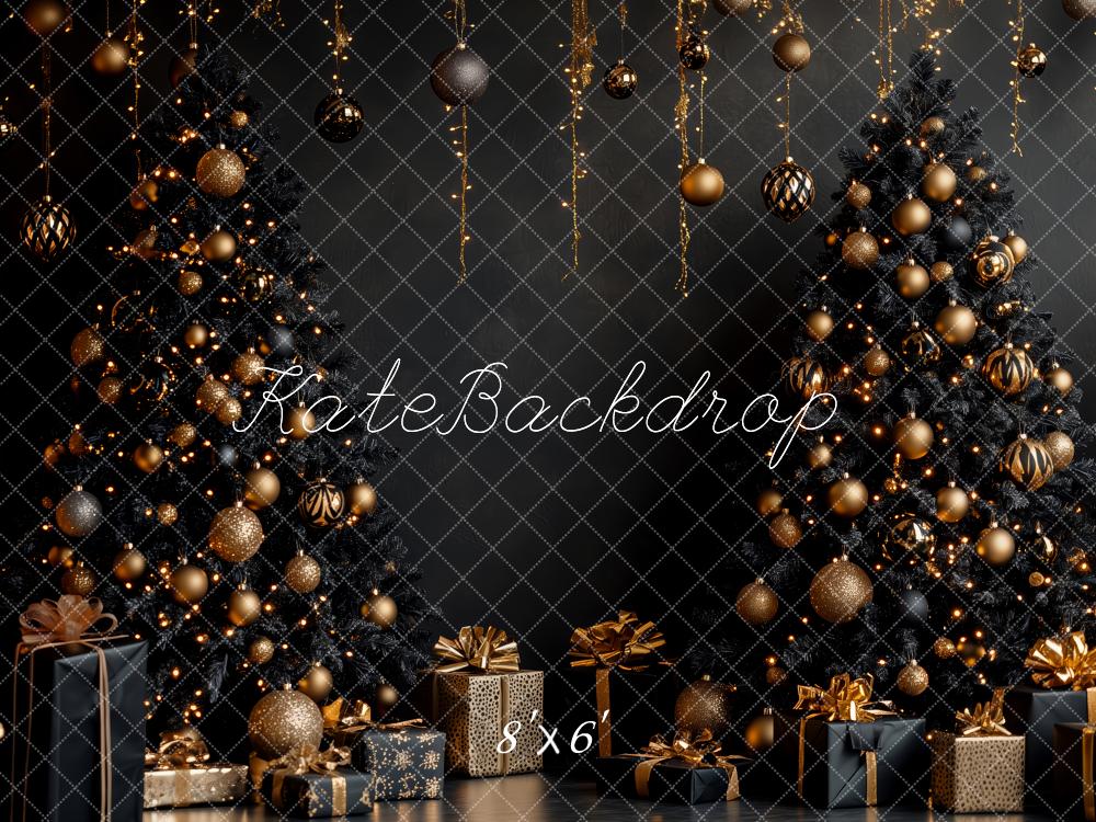 Kate Weihnachten Schwarze Bäume Gold Dekoration Hintergrund Entworfen von Patty Roberts - Kate Backdrop.de