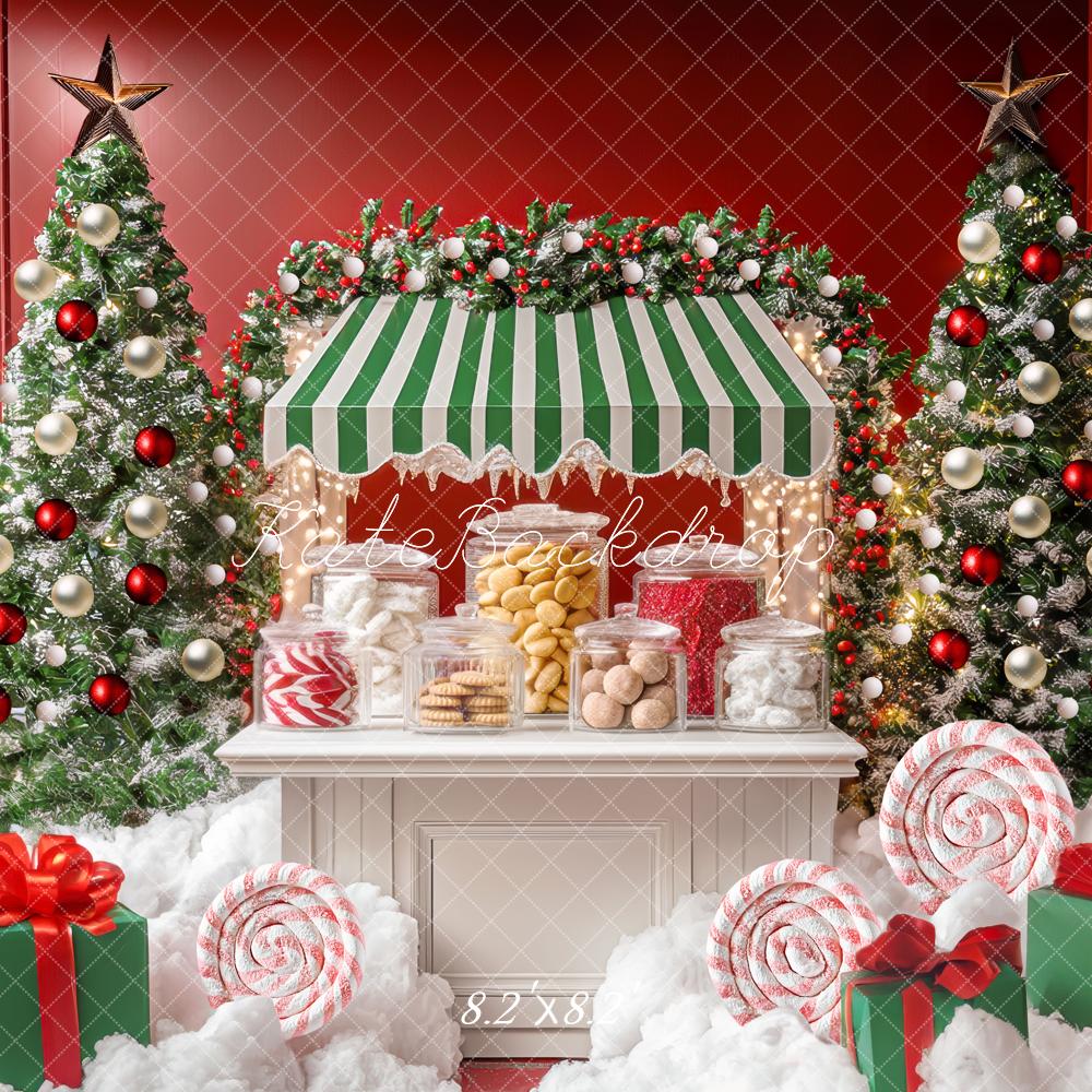 Kate Weihnachten Süßigkeitenstand Tannenbäume Rot Grün Hintergrund Entworfen von Mini MakeBelieve - Kate Backdrop.de