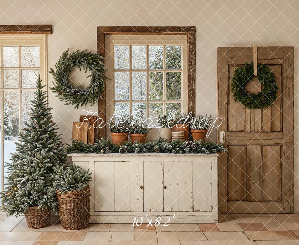 Kate Weihnachten Fenster Kranz Rustikal Fleece Hintergrund Entworfen von Emetselch