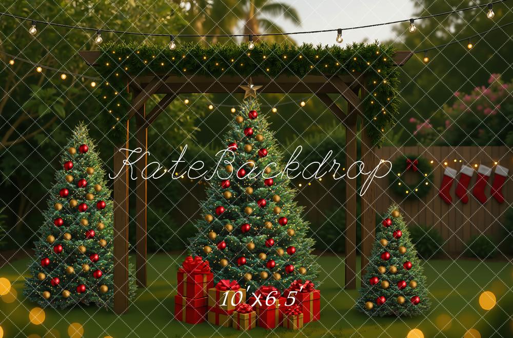 Kate Weihnachten Tannenbäume Geschenkboxen Lichter Hintergrund Entworfen von Mini MakeBelieve - Kate Backdrop.de