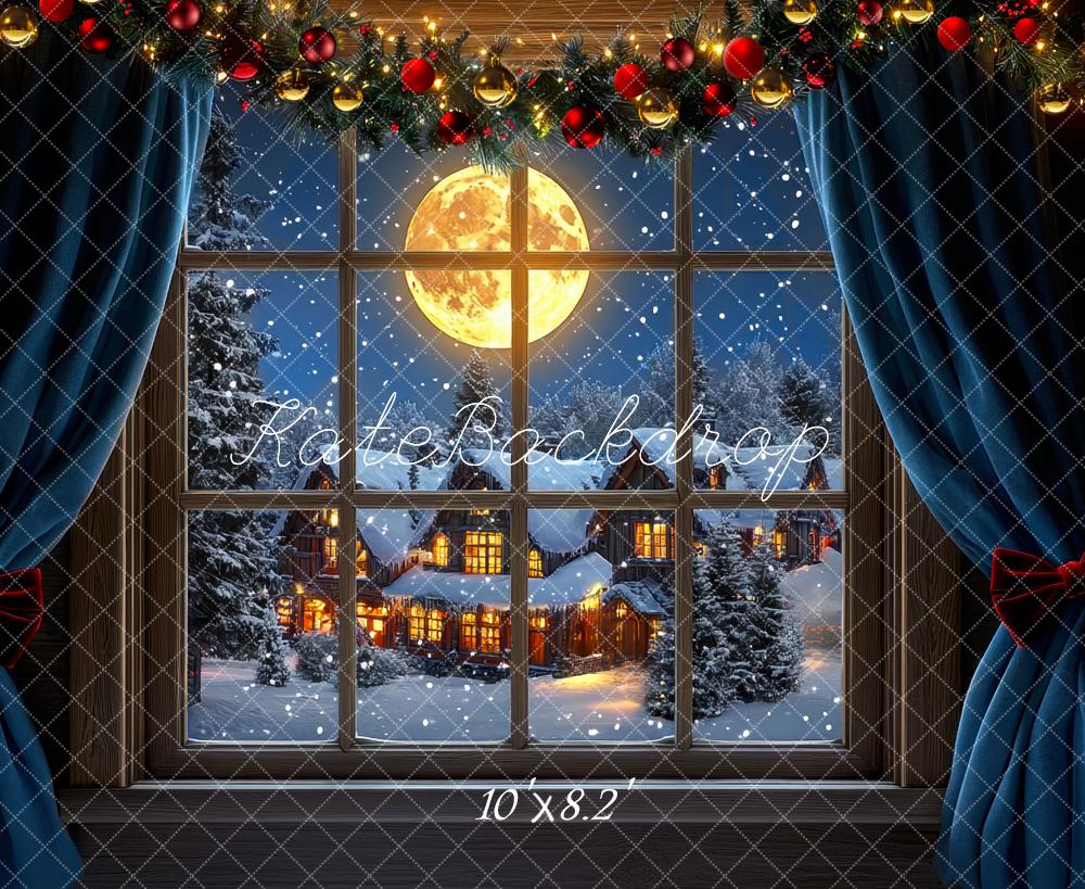 Kate Weihnachten Fenster Winterdorf Nacht Hintergrund Entworfen von Mini MakeBelieve - Kate Backdrop.de