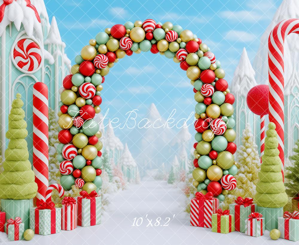 Kate Weihnachten Süßigkeitenbogen Schneelandschaft Bunt Hintergrund Entworfen von Patty Roberts - Kate Backdrop.de