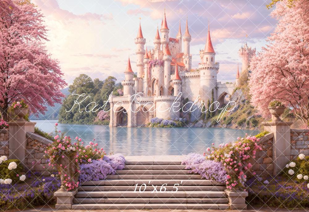 Kate Fairy Fantasy Schloss See Rosa Fleece Hintergrund Entworfen von Emetselch - Kate Backdrop.de