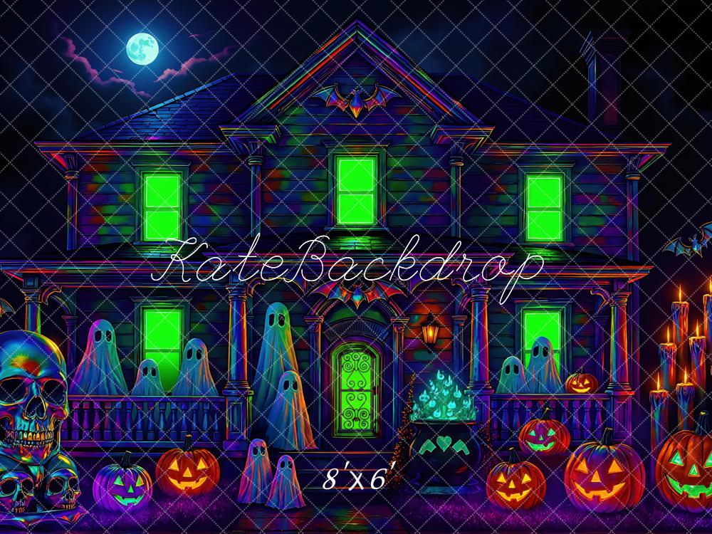Kate Halloween Spukhaus Kürbisse Neon Hintergrund Entworfen von Mini MakeBelieve - Kate Backdrop.de