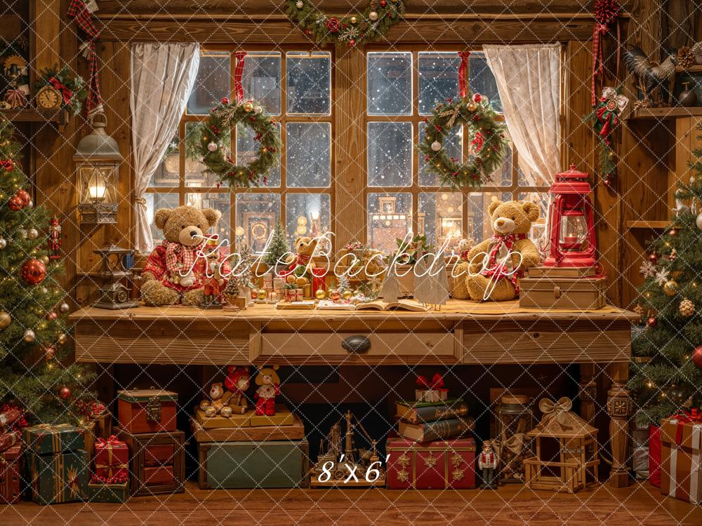 Kate Weihnachten Fenster Teddybären Holz Hintergrund Entworfen von Emetselch - Kate Backdrop.de