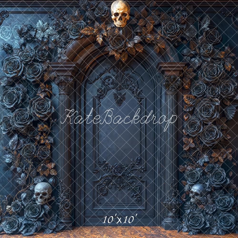 Kate Halloween Schädel Rosen Barock Dunkelblau Hintergrund Entworfen von Emetselch - Kate Backdrop.de