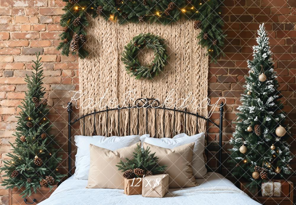 Kate Weihnachten Kranz Tannen Bäume Backstein Fleece Hintergrund Entworfen von Emetselch
