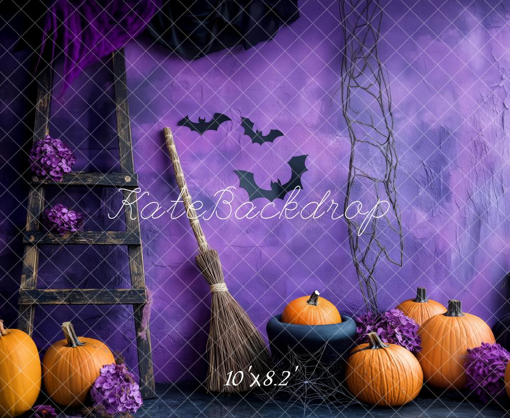 Kate Halloween Kürbisse Fledermäuse Lila Hintergrund Entworfen von Patty Roberts - Kate Backdrop.de