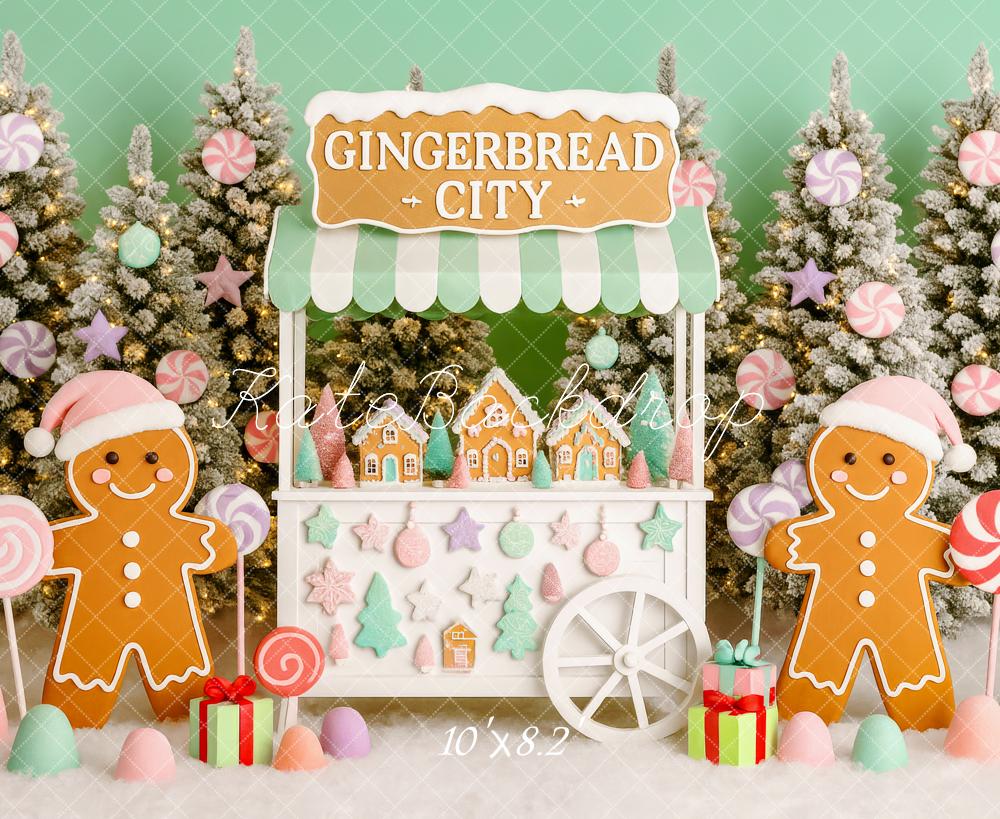 Kate Weihnachten Lebkuchenhaus Tannen Pastell Hintergrund Entworfen von Patty Roberts - Kate Backdrop.de