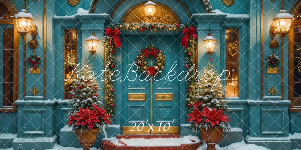 Kate Weihnachten Blaue Tür Kranz Schnee Hintergrund Entworfen von Emetselch - Kate Backdrop.de