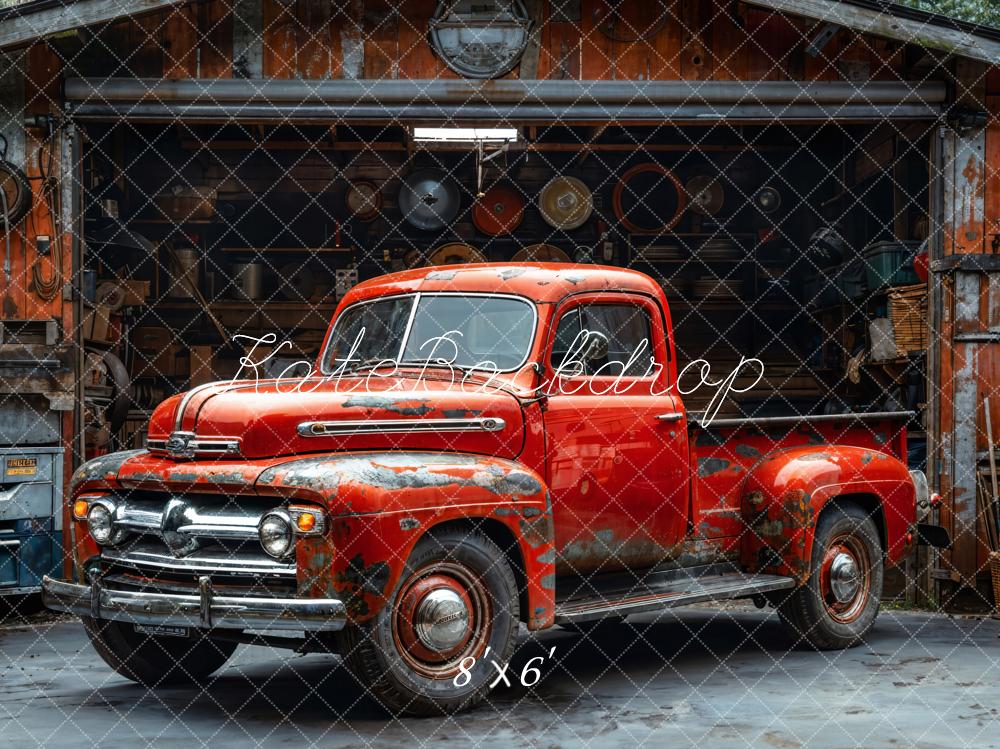 Kate Oldtimer Roter Pickup Werkstatt Vintage Hintergrund Entworfen von Emetselch - Kate Backdrop.de
