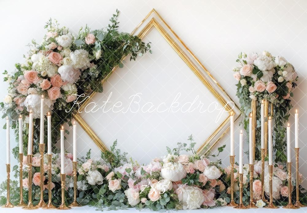 Kate Hochzeit Blumen Kerzen Goldrahmen Hintergrund Entworfen von Mini MakeBelieve - Kate Backdrop.de