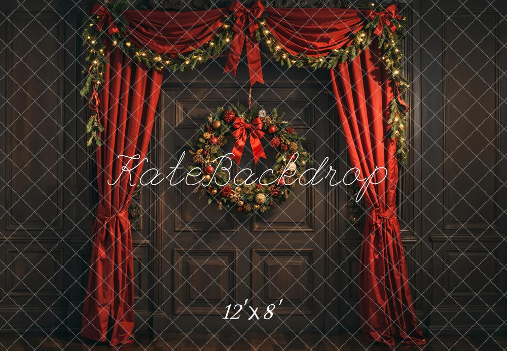 Kate Weihnachten Tür Kranz Rote Vorhänge Fleece Hintergrund Entworfen von Emetselch - Kate Backdrop.de