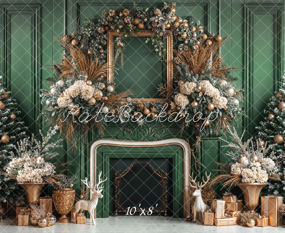 Kate Weihnachten Kamin Kranz Grün Gold Fleece Hintergrund Entworfen von Emetselch - Kate Backdrop.de