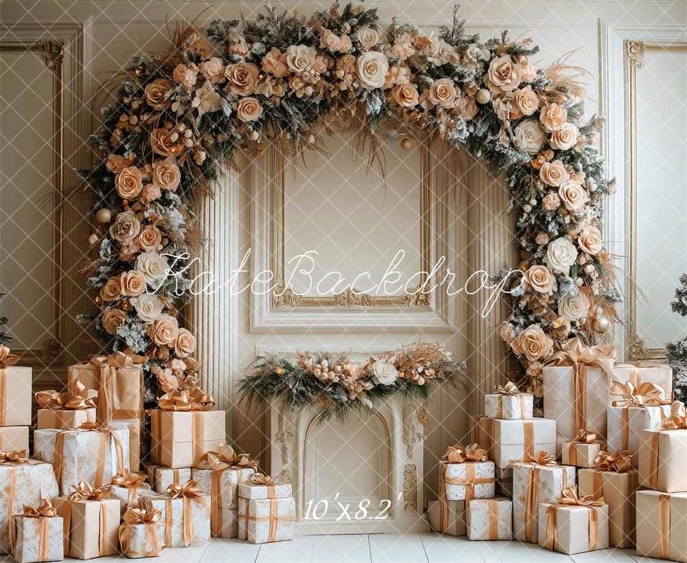 Kate Weihnachten Blumenbogen Geschenke Gold Hintergrund Entworfen von Patty Roberts