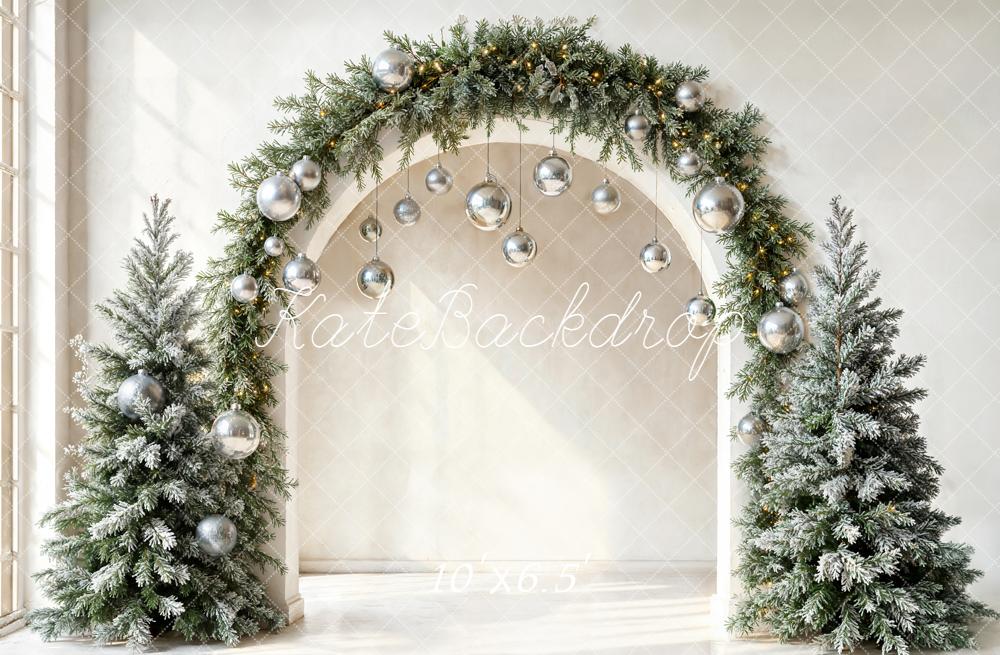 ⚡Blitzangebote #1-Kate Weihnachten Tannen Bogen Silberkugeln Fleece Hintergrund Entworfen von Emetselch - Kate Backdrop.de