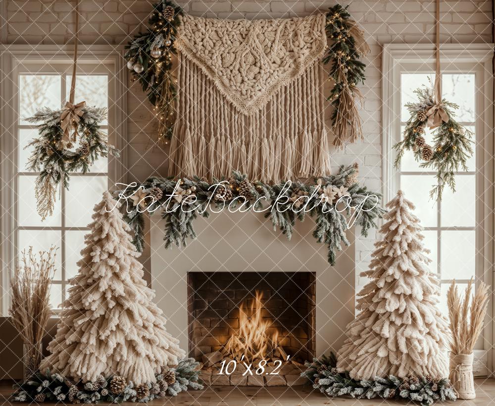 Kate Weihnachten Kamin Tannen Bäume Beige Hintergrund Entworfen von Emetselch