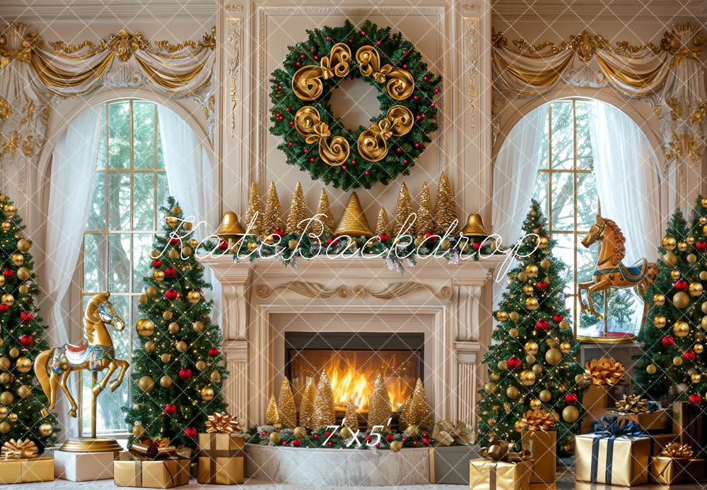 Kate Weihnachten Kamin Tannenbäume Gold Hintergrund Entworfen von Mini MakeBelieve - Kate Backdrop.de