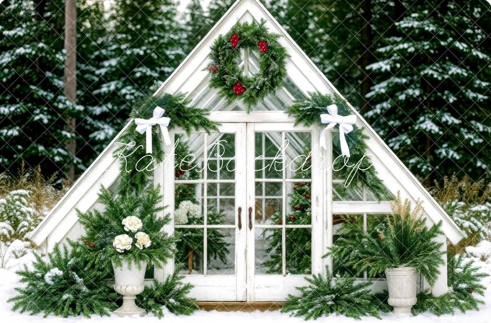 Kate Weihnachten Gewächshaus Tannenzweige Weiß Hintergrund Entworfen von Mini MakeBelieve - Kate Backdrop.de