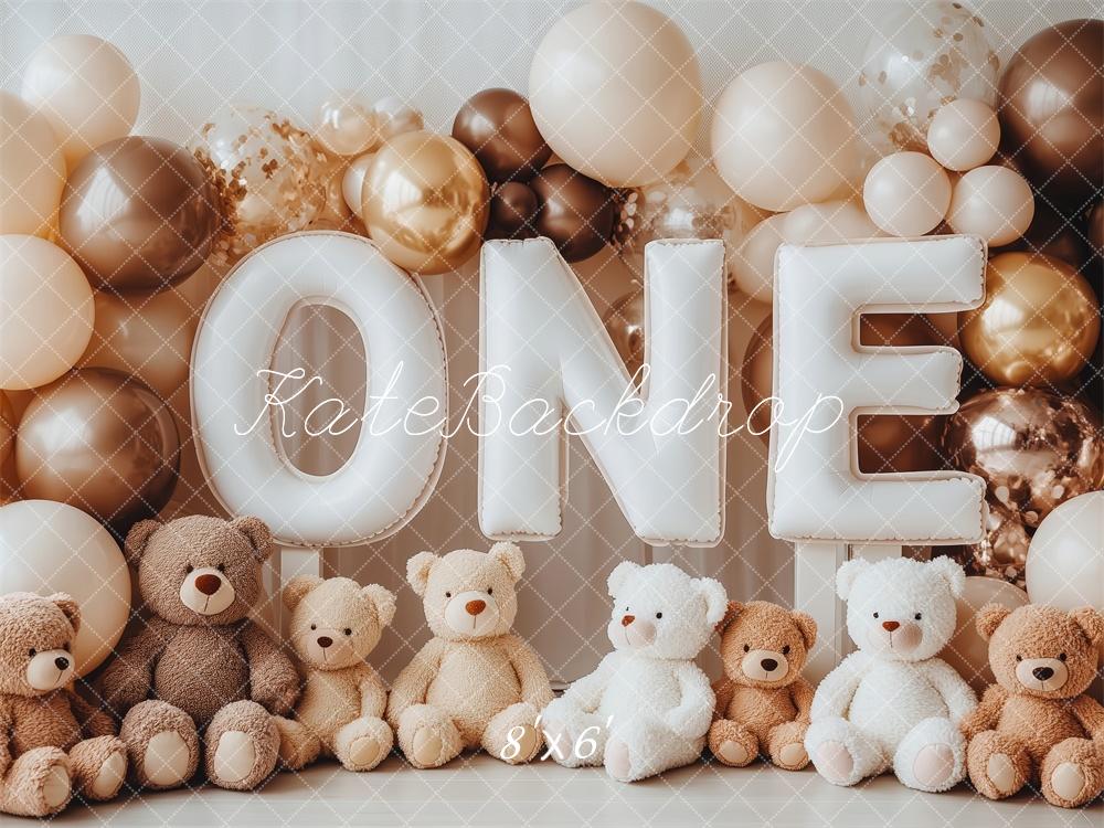Kate Geburtstag Eins Teddybären Ballons Beige Hintergrund Entworfen von Patty Roberts