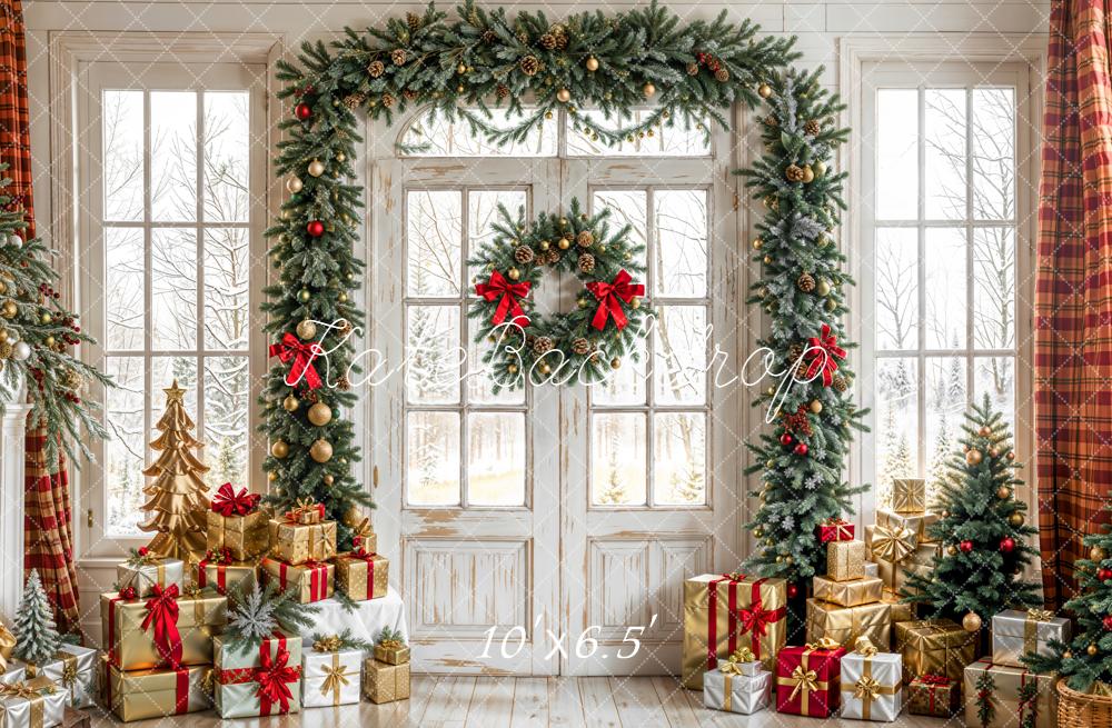 Kate Weihnachten Geschenke Tür Kranz Fleece Hintergrund Entworfen von Emetselch - Kate Backdrop.de