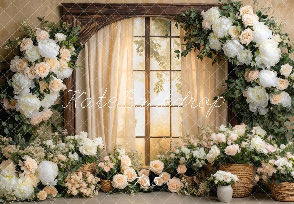 Kate Hochzeit Fenster Blumen Creme Hintergrund Entworfen von Mini MakeBelieve - Kate Backdrop.de