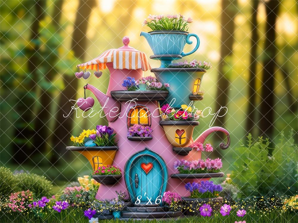 Kate Märchen Teekanne Blumenhaus Bunt Hintergrund Entworfen von Mini MakeBelieve