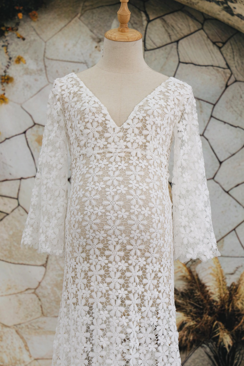 Kate Weißes Spitze Mid Sleeve Trailing Perspektive Mutterschaft Fotoshooting Kleid - Kate Backdrop.de