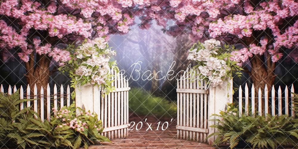 Kate Frühling Blüten Weißer Zaun Romantisch Hintergrund Entworfen von Emetselch - Kate Backdrop.de
