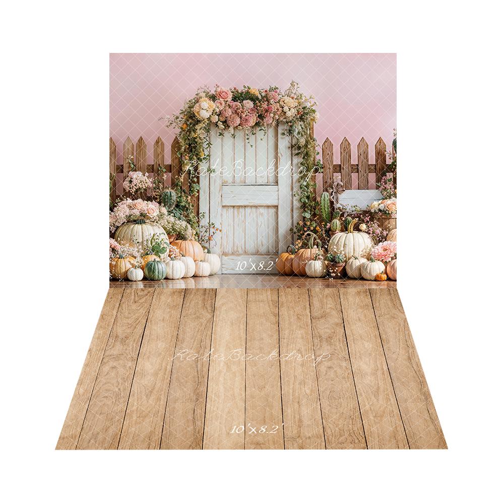 Kate Herbst Tür Kürbisse Blumen Pastell Hintergrund Hintergrund+Hellbrauner Holz Boden Hintergrund Boden Hintergrund