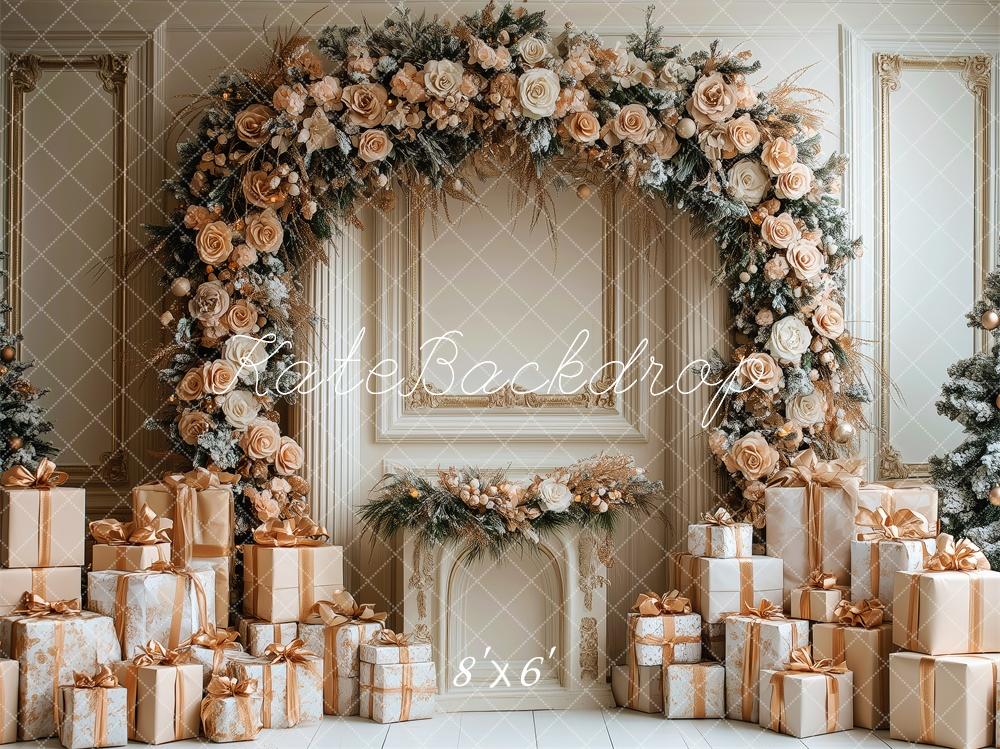 Kate Weihnachten Blumenbogen Geschenke Gold Hintergrund Entworfen von Patty Roberts