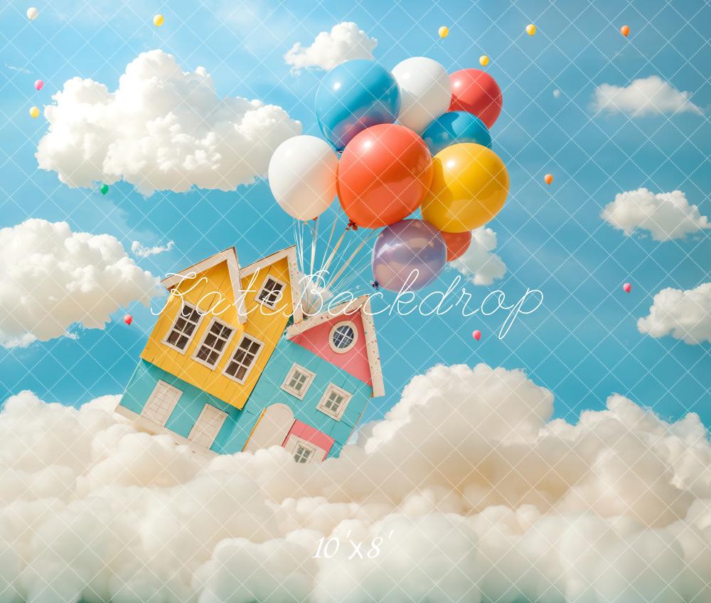 Kate Cartoon Haus Ballons Wolken Blau Fleece Hintergrund Entworfen von Chain - Kate Backdrop.de