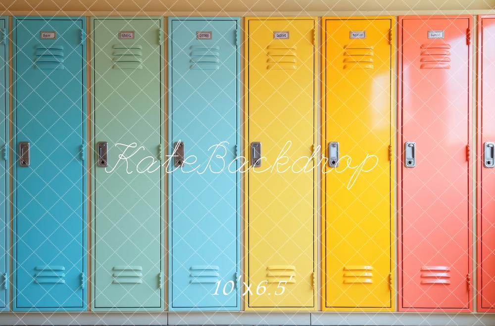 Kate Zurück Zur Schule Bunte Spinde Modern Hintergrund Entworfen von Laura Bybee - Kate Backdrop.de
